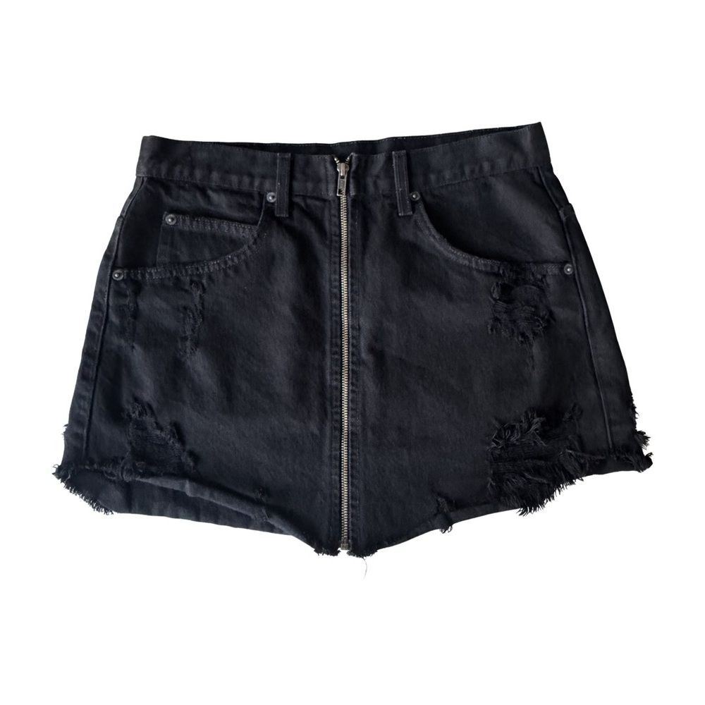 CARMAR Beatrice Black Denim Mini Skirt Zip Front Distressed Raw Hem Size 30